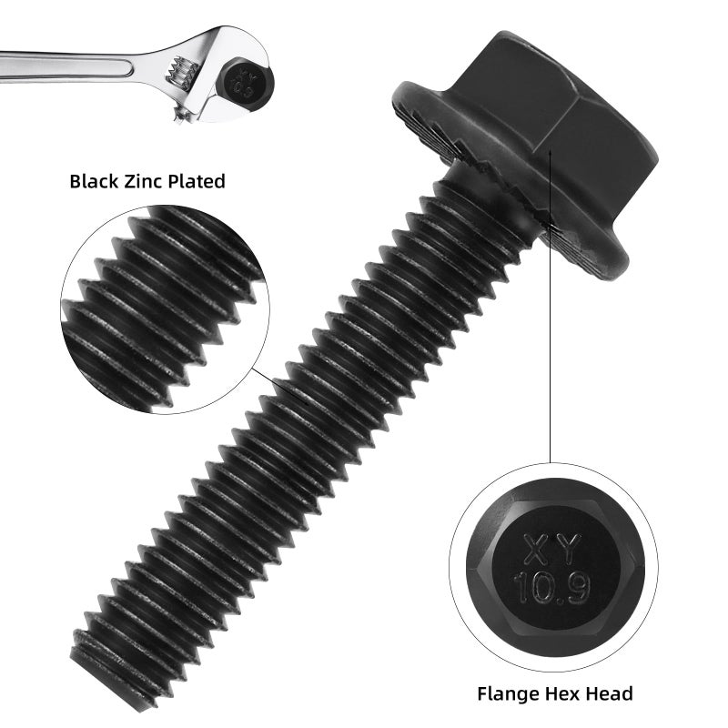 VGBUY M6-1.0 x 50mm Flanged Hex Head Bolts,External Flange Hex Drive Screws,Class 10.9 Black Zinc Plated,Alloy Steel,Full Coarse Thread,Pump,Fix Car,DIY Project(26Pcs) - Image 3